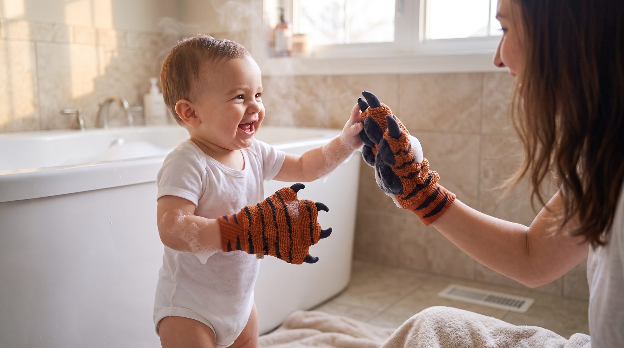 A parent and a laughing baby in a white bodysuit high-five while wearing Marmalade tiger paw bath mitts in a sunny bathroom
