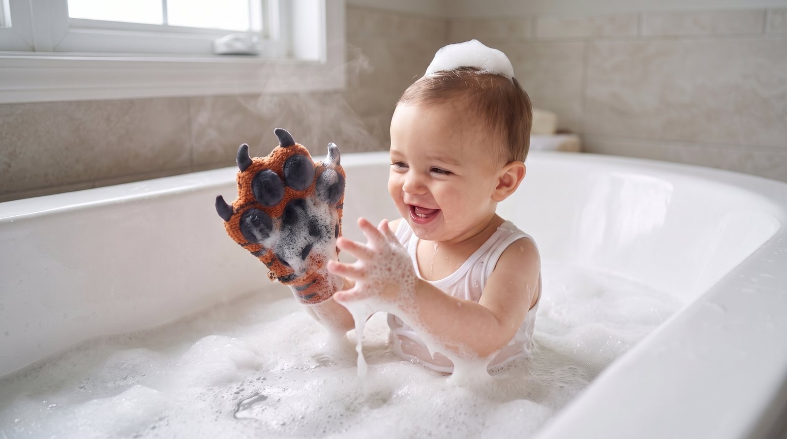 A laughing toddler in a white tank top plays in a bubbly bath, holding up the Marmalade tiger paw mitt